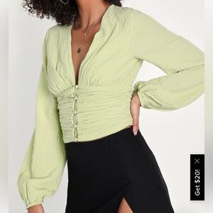 Lulus Peaceful Poise Lime Green Crinkle Long Sleeve Button-Up Top